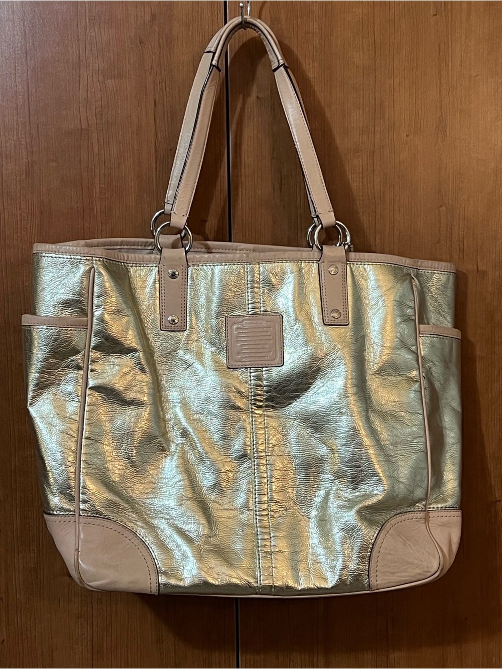 Coach Metallic Champagne Gold Leather Metro Tote Bag Large Style 26141E